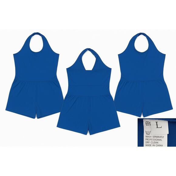 Royal Blue Halter Romper Women’s Size L Stretchy One Piece With Pockets & Cutout - Picture 1 of 7